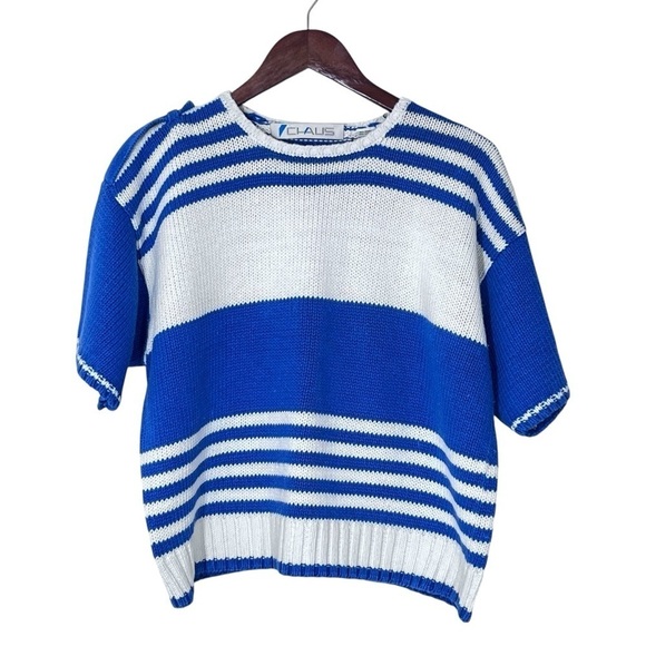 VINTAGE CHAUS Blue White Short Sleeve Sweater Knit Top Women's Size L - Picture 12 of 16
